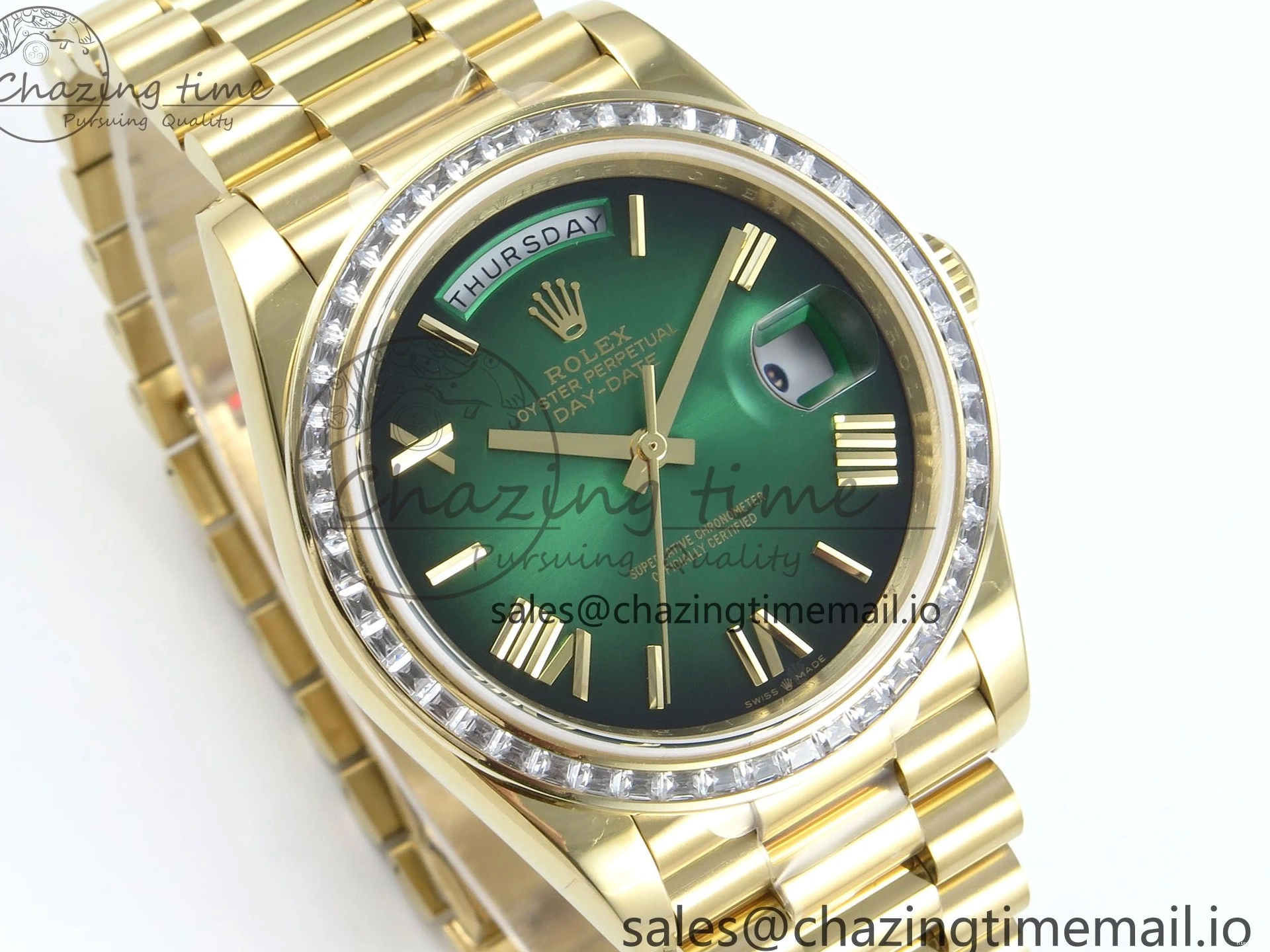 MiroTime 1224 TechFriendly DayDate 40 YG QF 1:1 Best Edition Green Black Dial Diamonds Bezel on President Bracelet A2836 V5 (Gain Weight) 490
